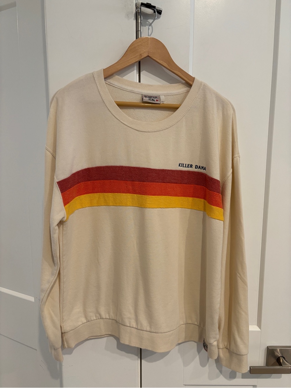 Killer Dana Cream Crewneck Sweatshirt with Retro Red & Yellow Stripes. Size XL